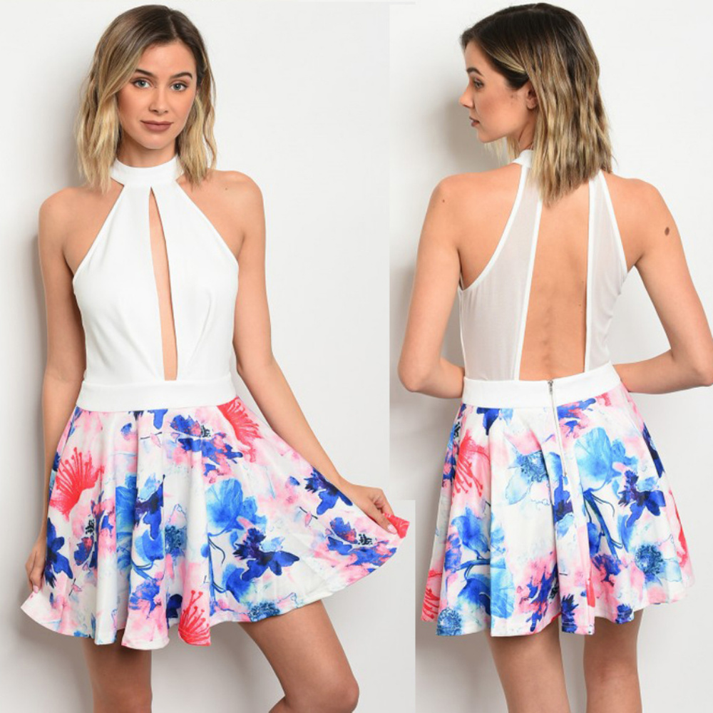 Backless plunging neckline floral dress sleeveless